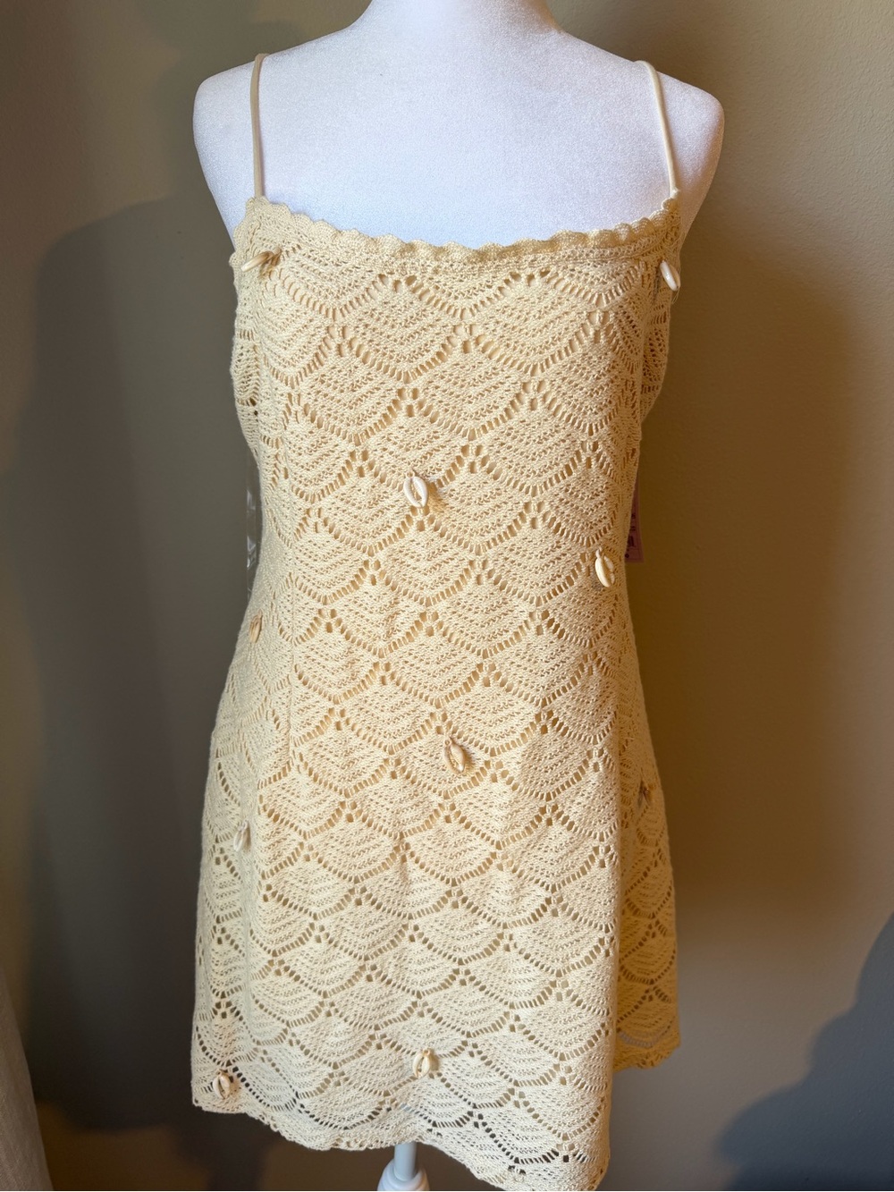 wild fable Pale Yellow Crochet Mini Dress with Spaghetti Straps